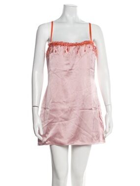 Danielle Guizio Pink Satin Chemise with Coral Trim